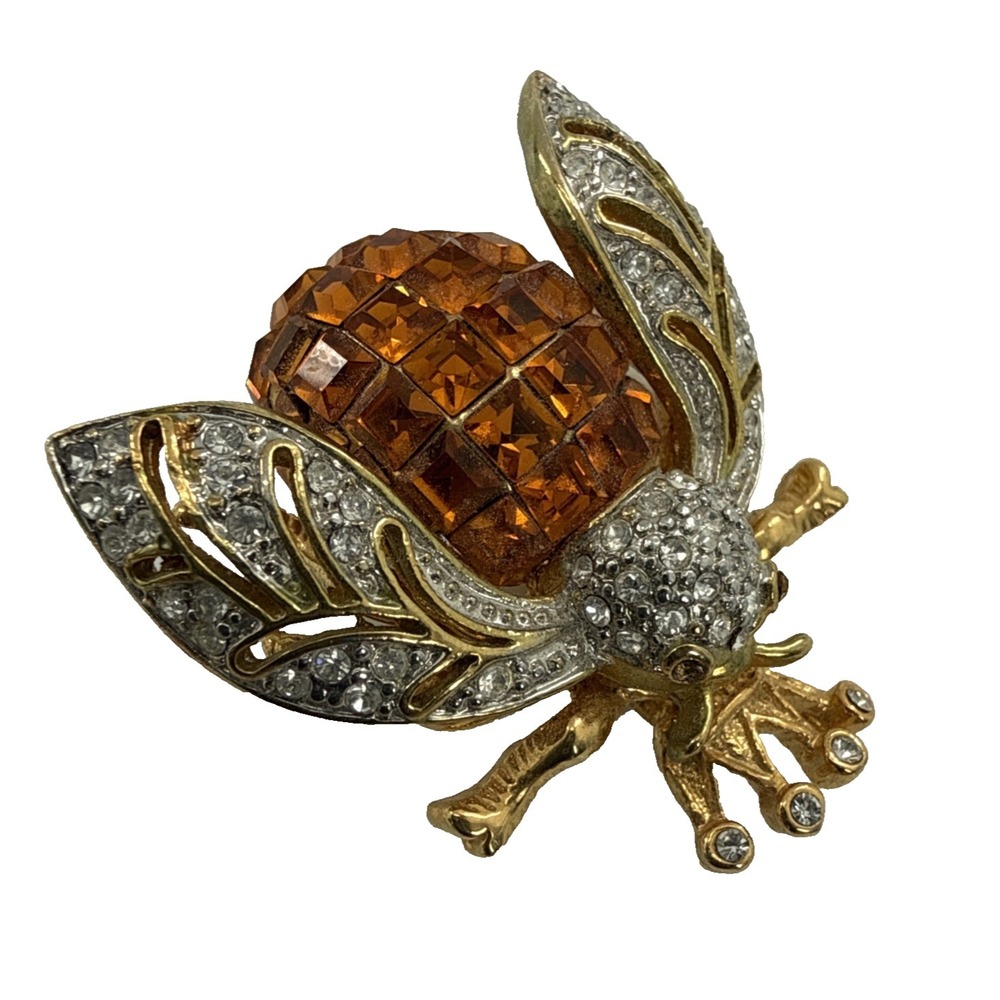 Vintage Bee Alive‎ Queen Bee Brooch Pendant Gold Tone Amber Clear Crystals